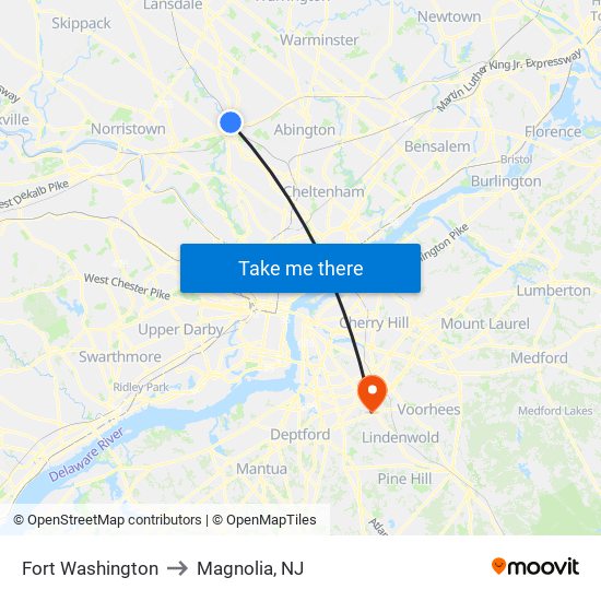 Fort Washington to Magnolia, NJ map