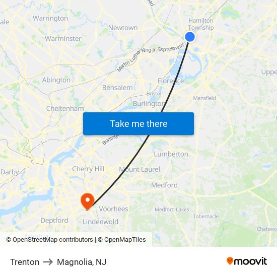 Trenton to Magnolia, NJ map