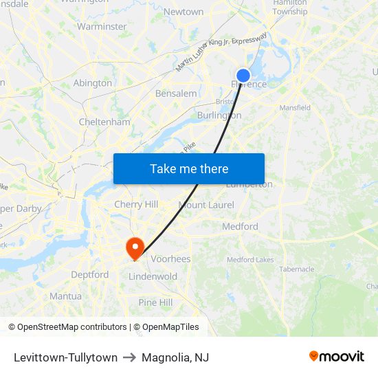Levittown-Tullytown to Magnolia, NJ map