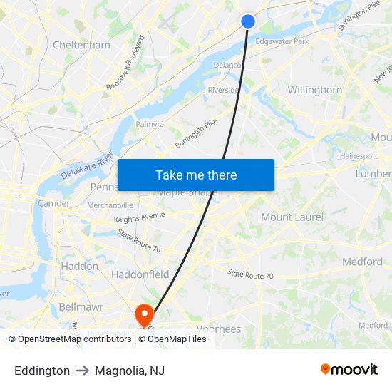 Eddington to Magnolia, NJ map