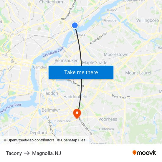 Tacony to Magnolia, NJ map