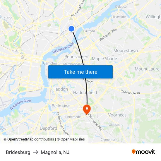 Bridesburg to Magnolia, NJ map