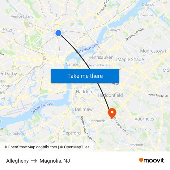 Allegheny to Magnolia, NJ map