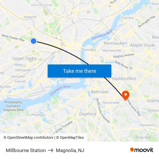 Millbourne Station to Magnolia, NJ map