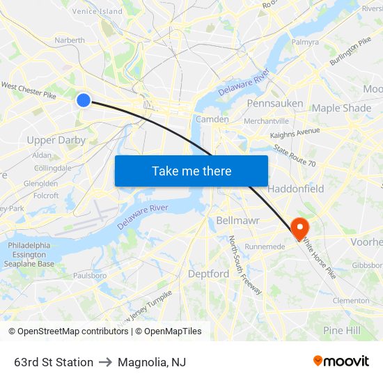 63rd St Station to Magnolia, NJ map