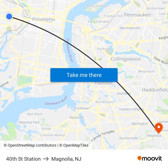 40th St Station to Magnolia, NJ map