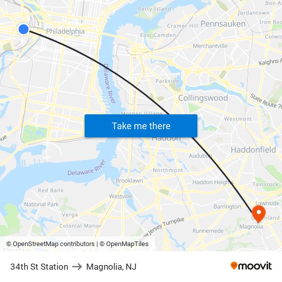 34th St Station to Magnolia, NJ map