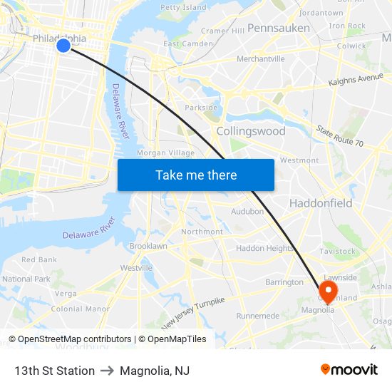 13th St Station to Magnolia, NJ map