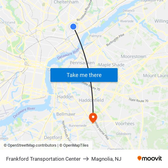 Frankford Transportation Center to Magnolia, NJ map