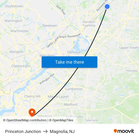 Princeton Junction to Magnolia, NJ map