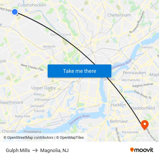 Gulph Mills to Magnolia, NJ map