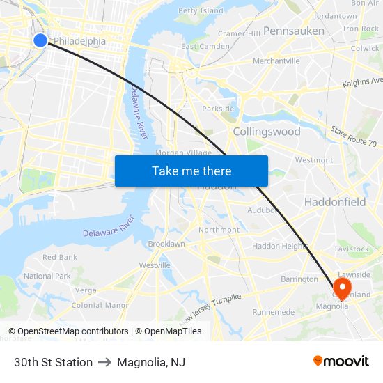 30th St Station to Magnolia, NJ map