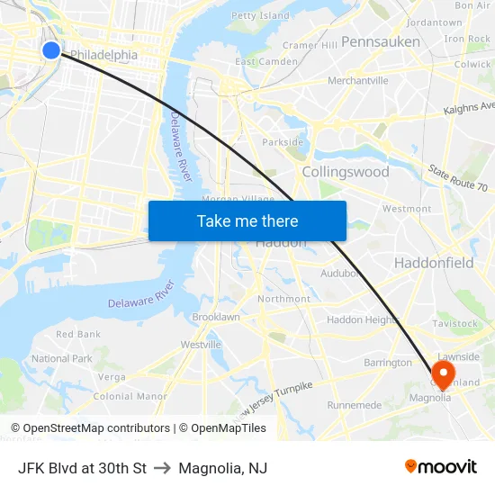 JFK Blvd at 30th St to Magnolia, NJ map