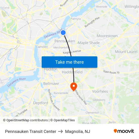 Pennsauken Transit Center to Magnolia, NJ map