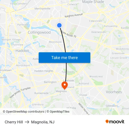 Cherry Hill to Magnolia, NJ map