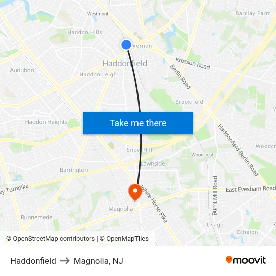 Haddonfield to Magnolia, NJ map