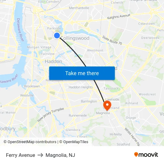 Ferry Avenue to Magnolia, NJ map