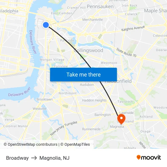 Broadway to Magnolia, NJ map