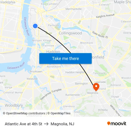 Atlantic Ave at 4th St to Magnolia, NJ map