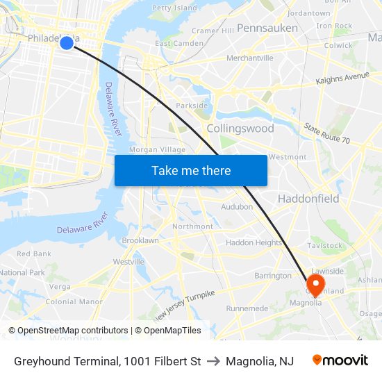 Greyhound Terminal, 1001 Filbert St to Magnolia, NJ map