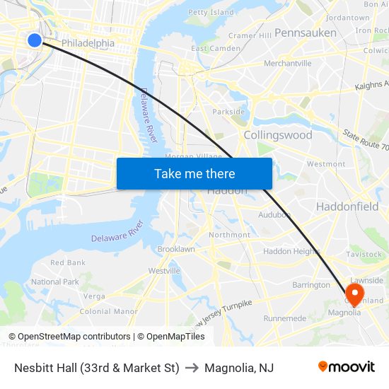 Nesbitt Hall (33rd & Market St) to Magnolia, NJ map