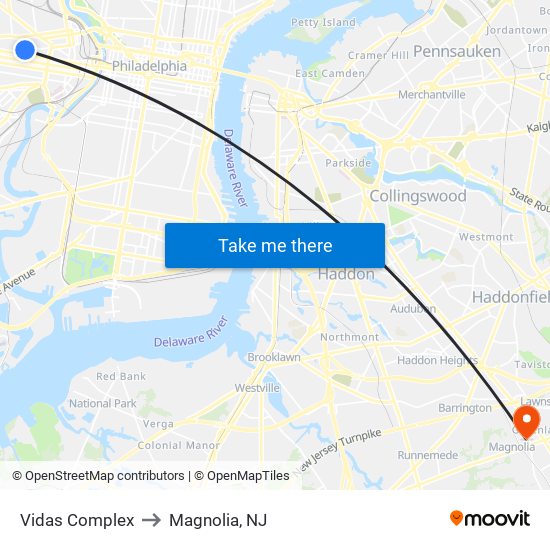 Vidas Complex to Magnolia, NJ map