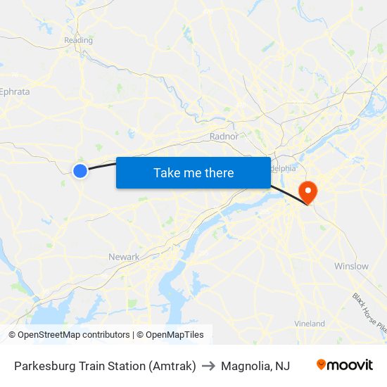 Parkesburg Train Station (Amtrak) to Magnolia, NJ map