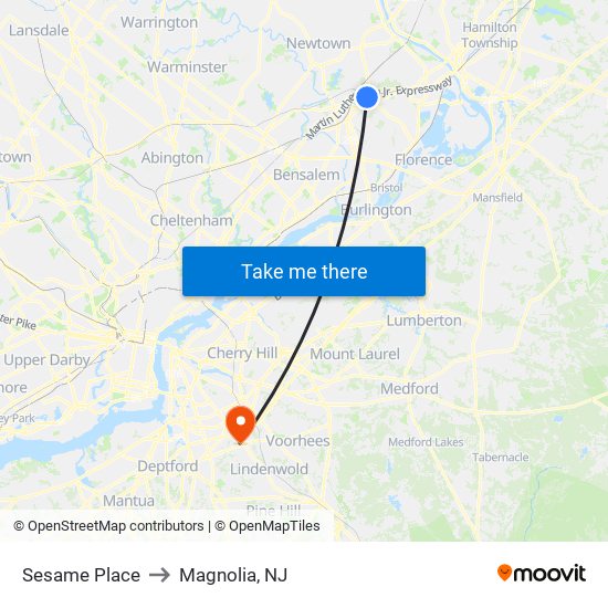 Sesame Place to Magnolia, NJ map