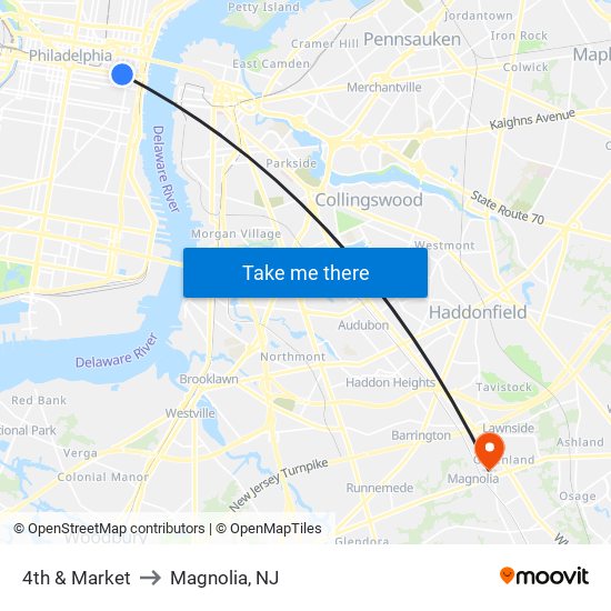 4th & Market to Magnolia, NJ map