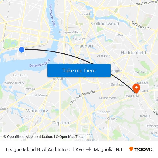 League Island Blvd And Intrepid Ave to Magnolia, NJ map