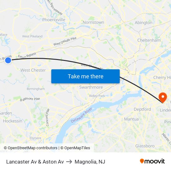 Lancaster Av & Aston Av to Magnolia, NJ map