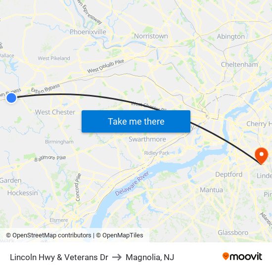 Lincoln Hwy & Veterans Dr to Magnolia, NJ map