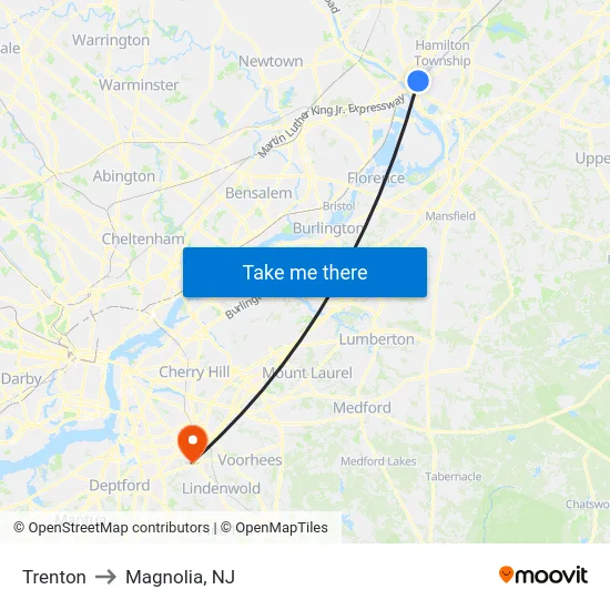 Trenton to Magnolia, NJ map
