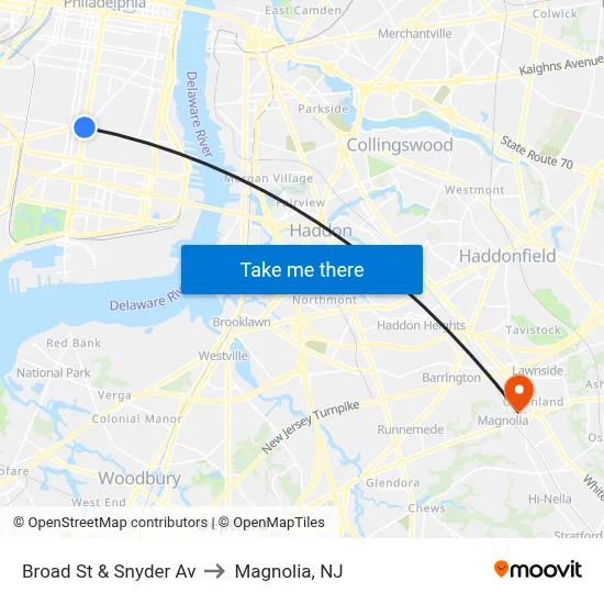 Broad St & Snyder Av to Magnolia, NJ map