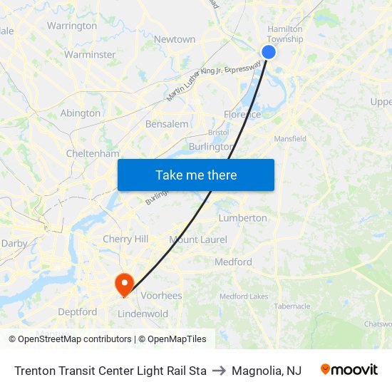 Trenton Transit Center Light Rail Sta to Magnolia, NJ map