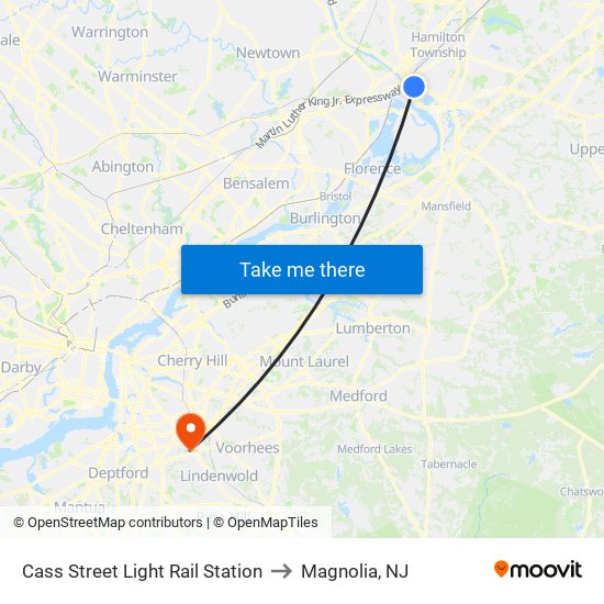 Cass Street Light Rail Station to Magnolia, NJ map