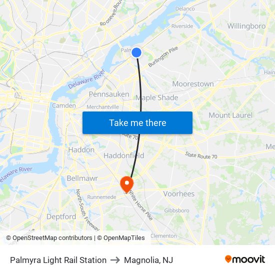 Palmyra Light Rail Station to Magnolia, NJ map