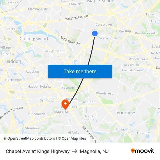 Chapel Ave at Kings Highway to Magnolia, NJ map