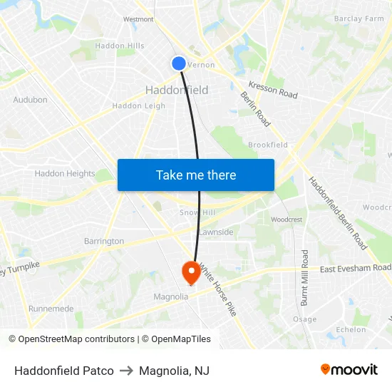 Haddonfield Patco to Magnolia, NJ map