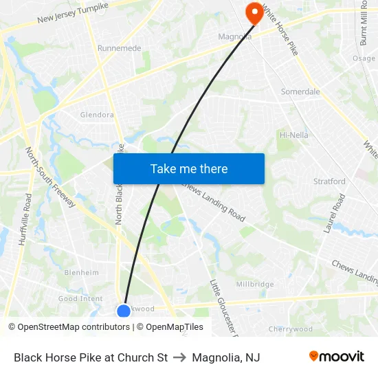 Black Horse Pike at Church St to Magnolia, NJ map