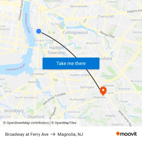 Broadway at Ferry Ave to Magnolia, NJ map