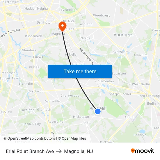 Erial Rd at Branch Ave to Magnolia, NJ map