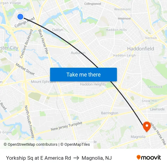 Yorkship Sq at E America Rd to Magnolia, NJ map