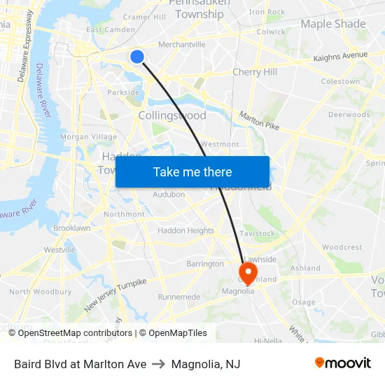 Baird Blvd at Marlton Ave to Magnolia, NJ map