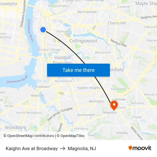 Kaighn Ave at Broadway to Magnolia, NJ map