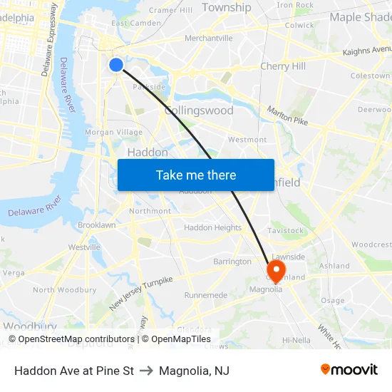 Haddon Ave at Pine St to Magnolia, NJ map