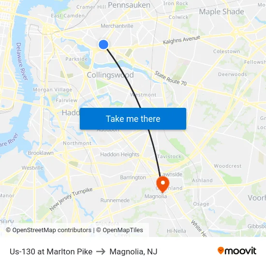 Us-130 at Marlton Pike to Magnolia, NJ map