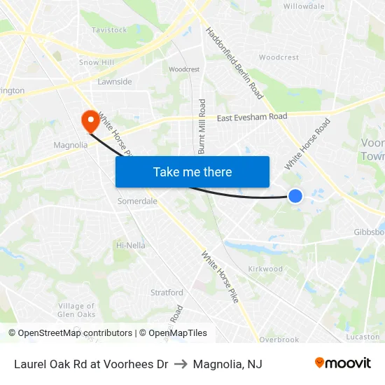 Laurel Oak Rd at Voorhees Dr to Magnolia, NJ map