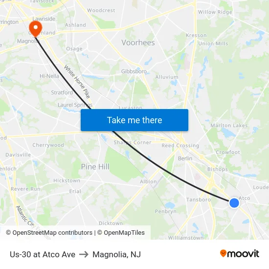 Us-30 at Atco Ave to Magnolia, NJ map