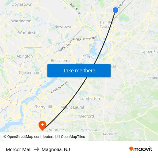 Mercer Mall to Magnolia, NJ map